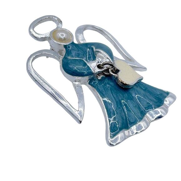Angle Brooch Silver Tone Blue Swirl Enamel Heart Charm Faux Pearl Halo Wings - Picture 2 of 10